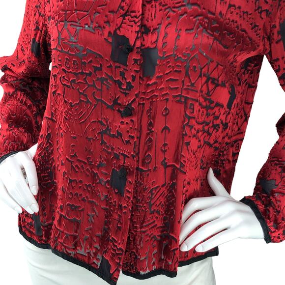 Chicos Design Womens Size 0 US 4 Top Silk Blend Burnout Shirt Button Front Red - Picture 3 of 14